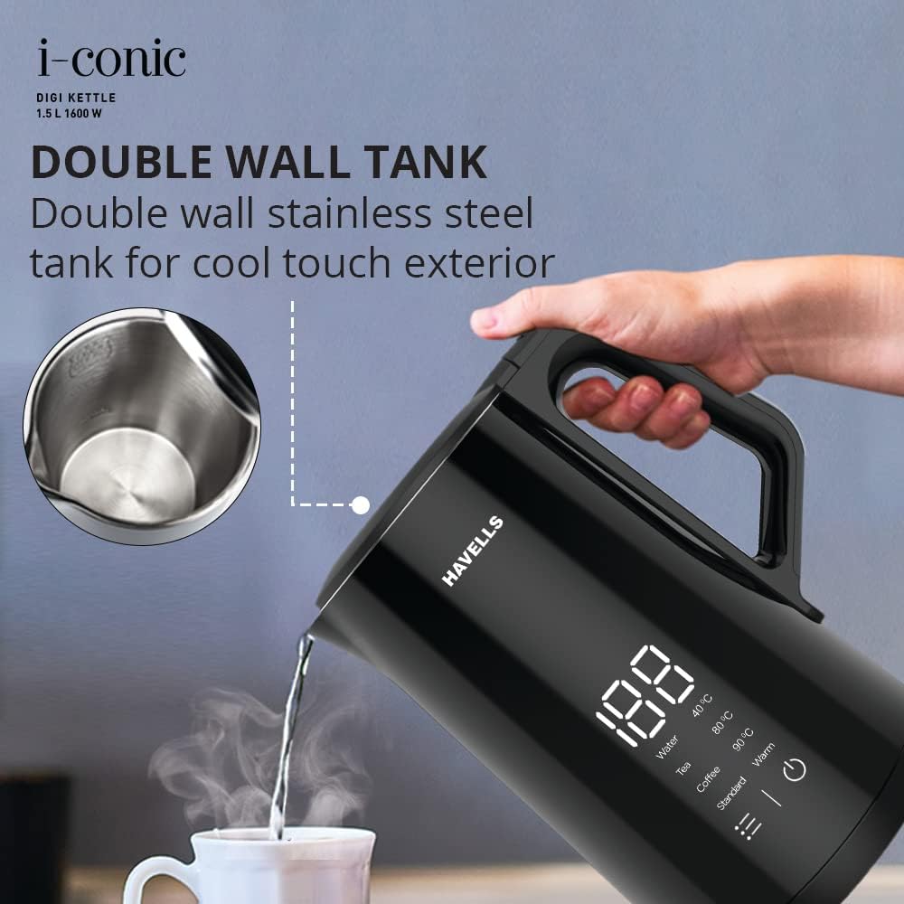 Havells I-Conic 1.5 Litre Digi Kettle With Double Wall And 304 Stainless Steel Tank (Black),1600 Watts